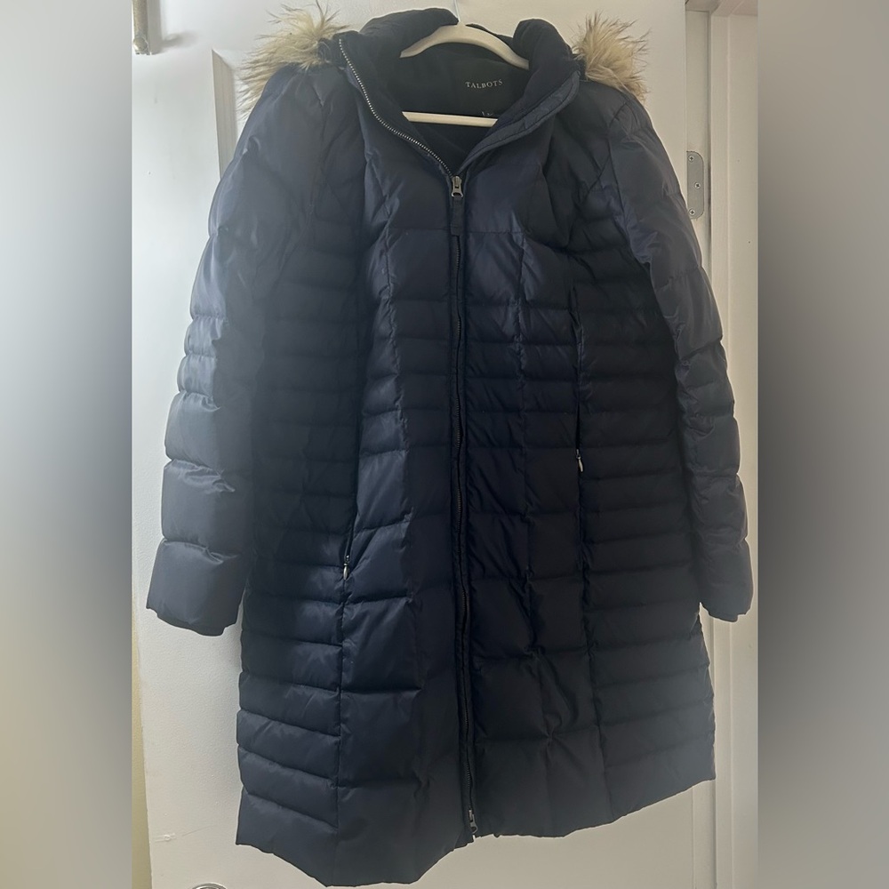 Talbots Navy Down Puffer Long Women’s Coat with Faux Fur Hood L Down lining - Picture 5 of 9